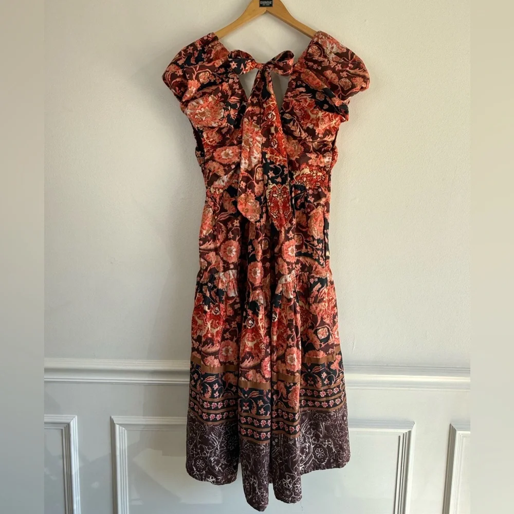 NEW Anthropologie Tie-Back Floral Midi Dress Red Motif Women’s Size 4